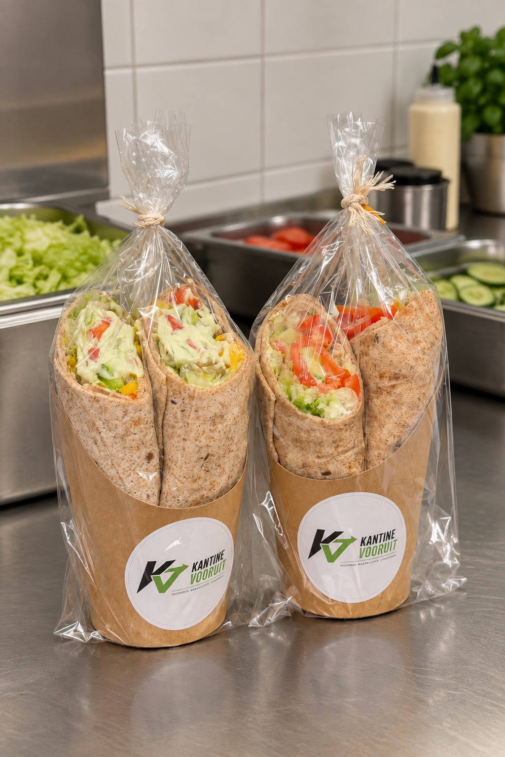 Verpakte wraps met KantineVooruit-stickers